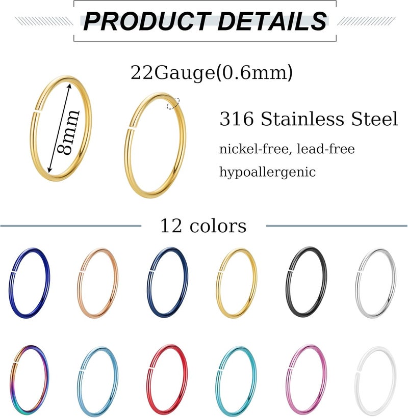 NICEIGHT 18G 20G 22G Stainless Steel Nose Rings Hoops for Women Men Cartilage Helix Earring Hoops Lip Rings Nose Piercing Jewelry - Image 4